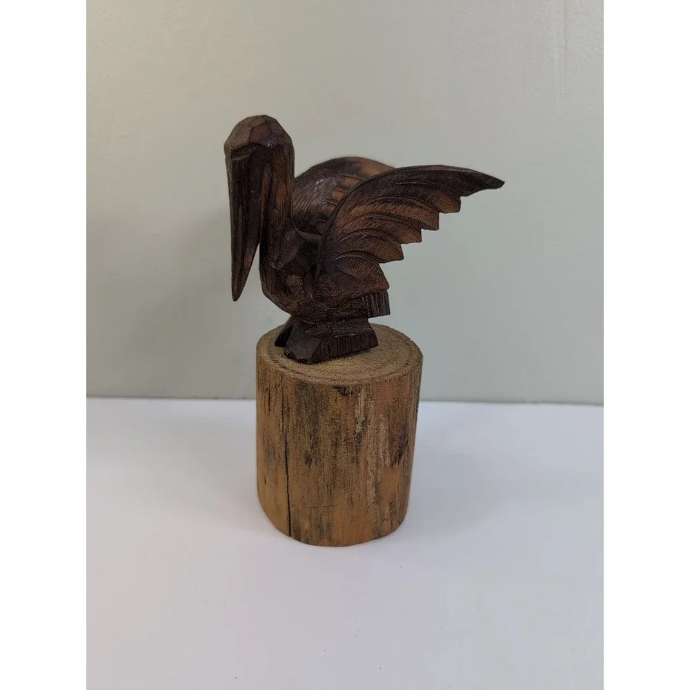 Vintage Carved Wood Pelican On Post‎ Figurine 7in